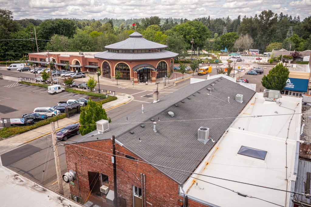 Aerial of brick wall, alley and roof of carousel and trees